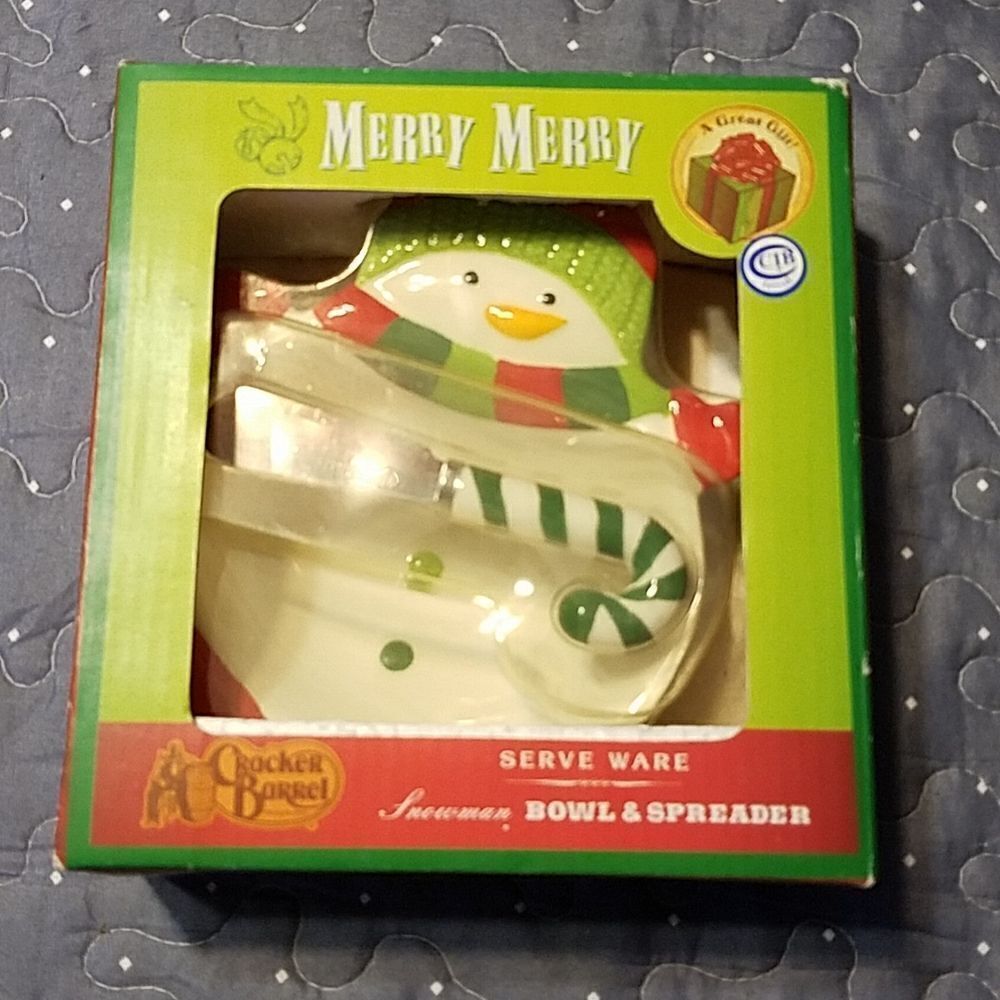 Cracker Barrel Snowman Serveware bowl and spreader New